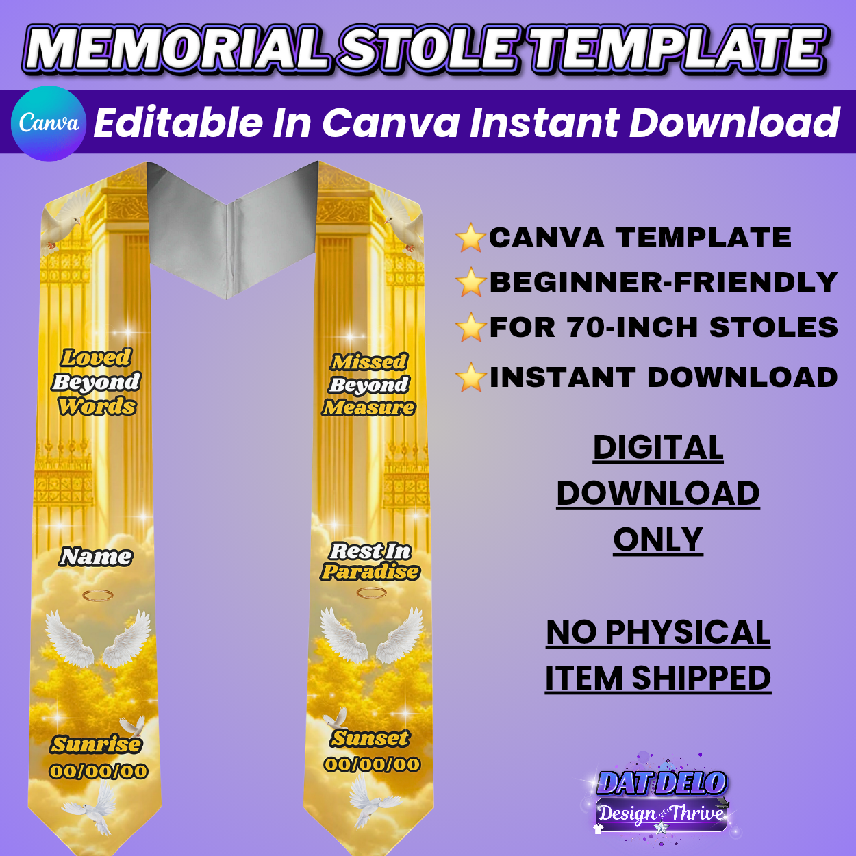 Yellow Memorial Stole Design Editable Template (Includes Supply List)