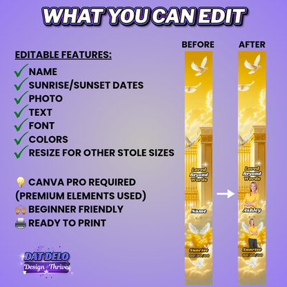 Yellow Memorial Stole Design Editable Template (Includes Supply List)