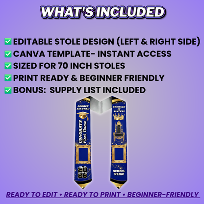 Royal Blue & Gold Grad Stole Editable Design(Includes Supply List)