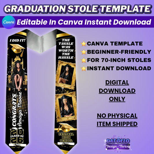 Black & Gold Grad Stole Editable Design(Includes Supply List)
