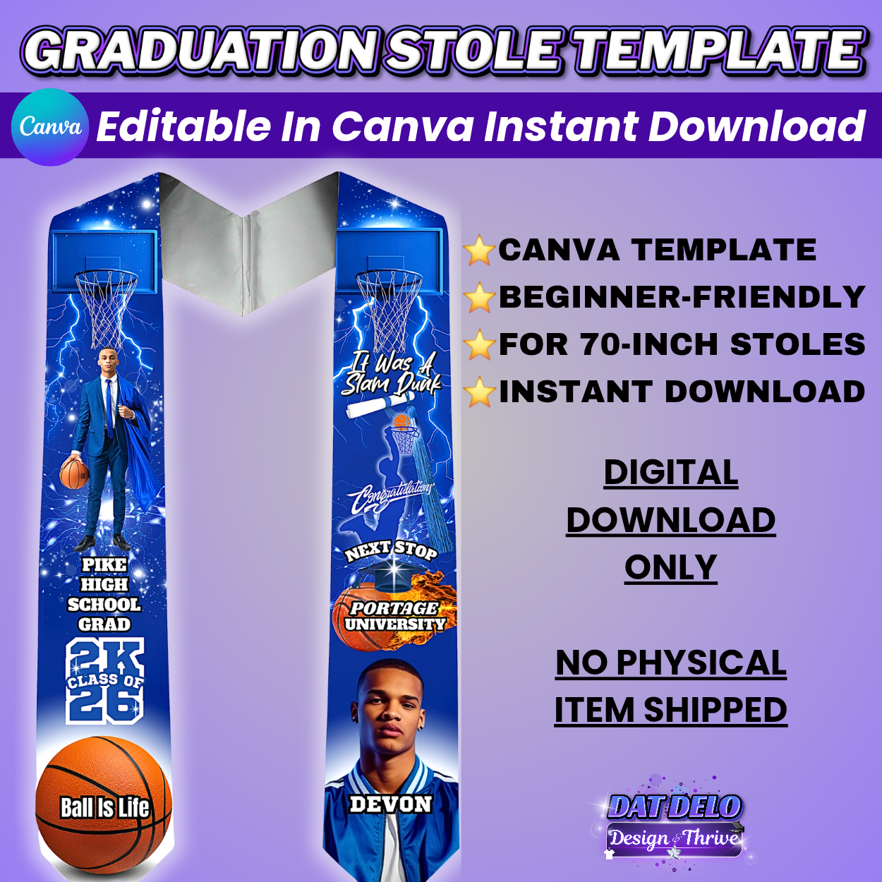Blue Basketball Grad Stole Design Editable Template (Includes Supply List)