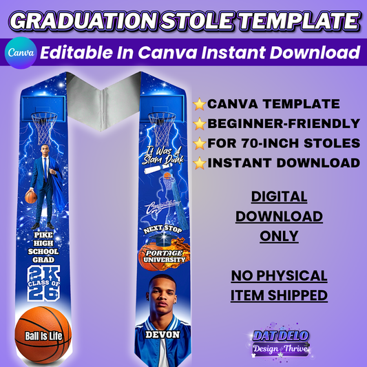 Blue Basketball Grad Stole Editable Design & Supply List (CanvaPro)