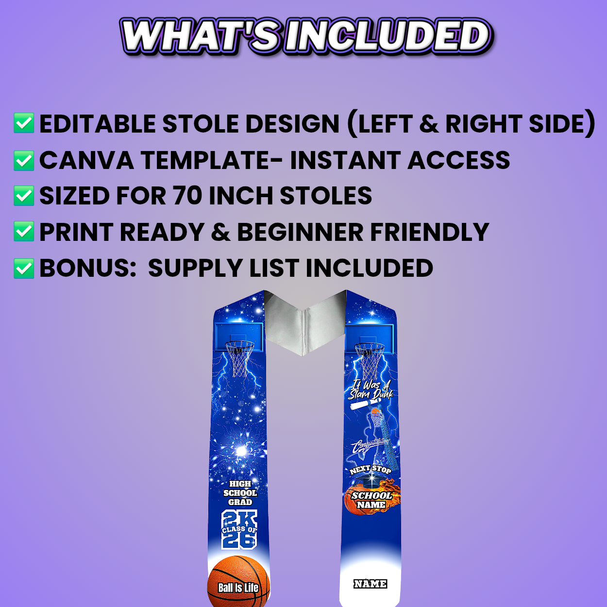 Blue Basketball Grad Stole Design Editable Template (Includes Supply List)