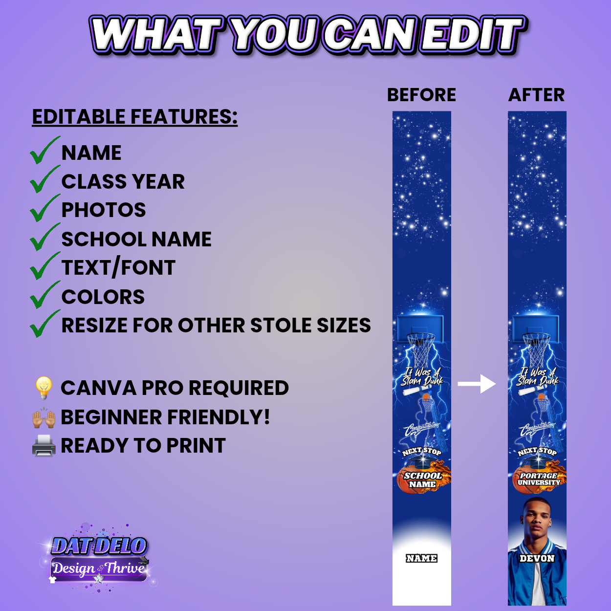 Blue Basketball Grad Stole Design Editable Template (Includes Supply List)