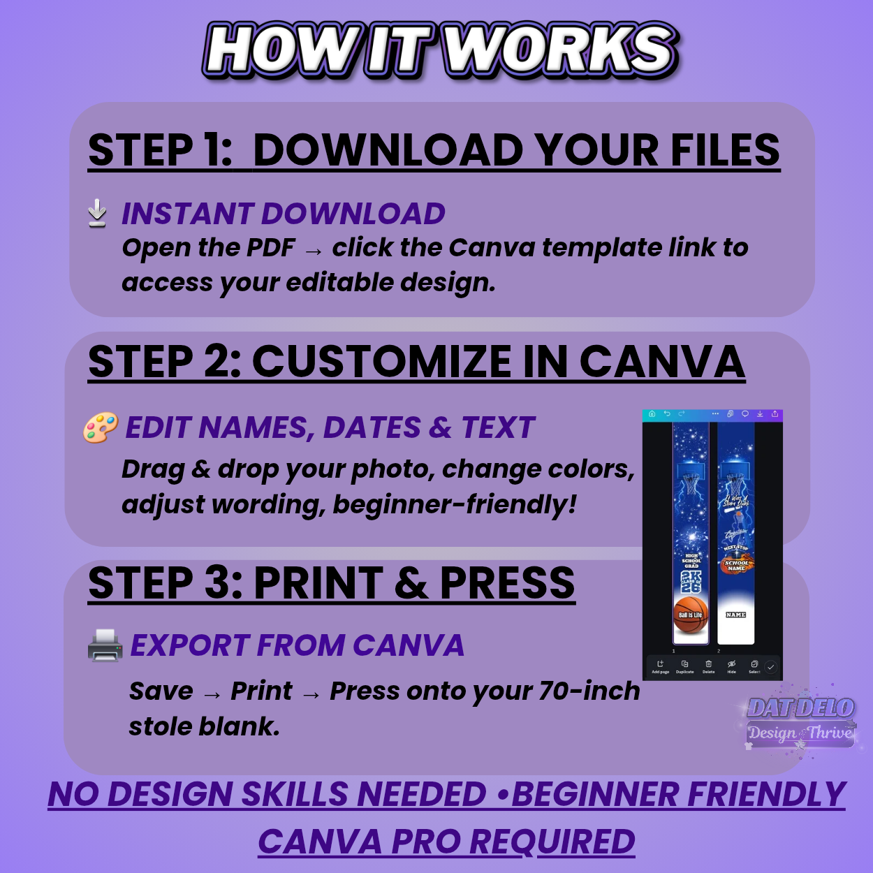Blue Basketball Grad Stole Design Editable Template (Includes Supply List)