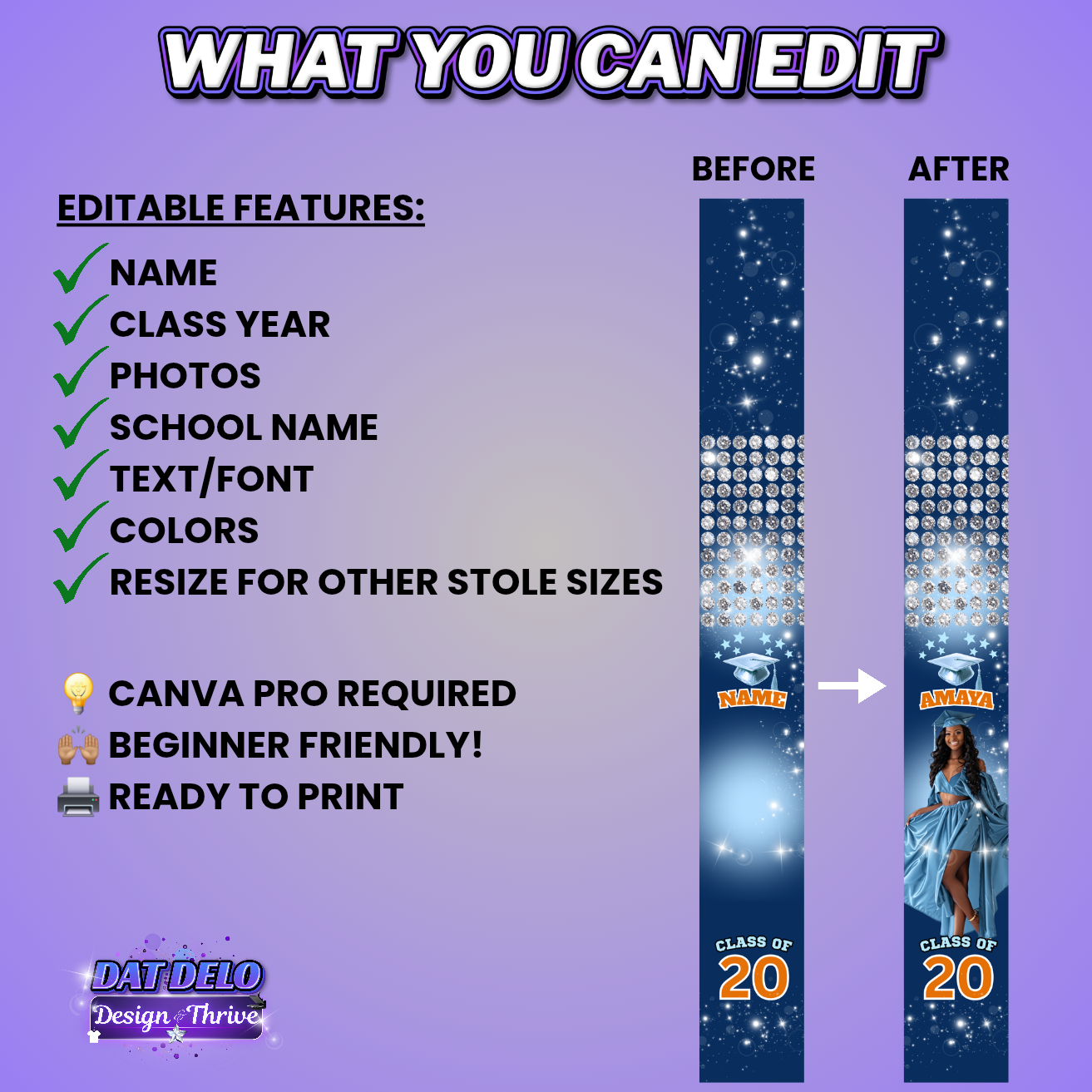 Blue Orange Grad Stole Design Editable Template (Includes Supply List)