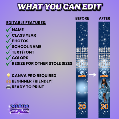 Blue Orange Grad Stole Design Editable Template (Includes Supply List)