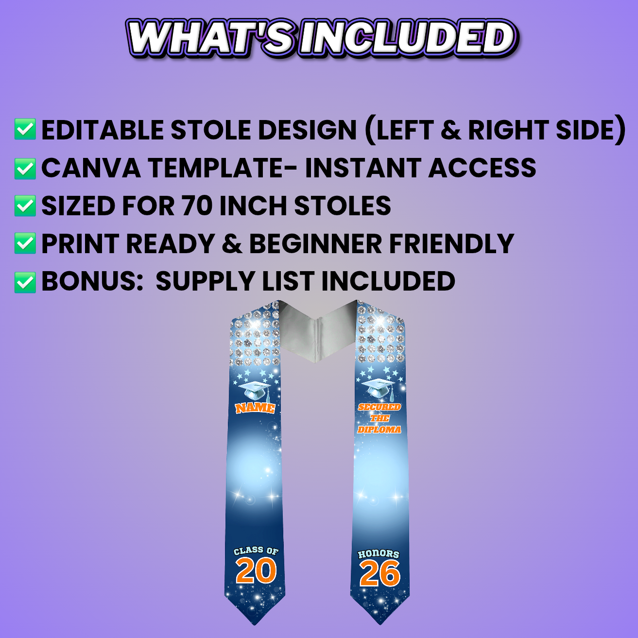 Blue Orange Grad Stole Design Editable Template (Includes Supply List)