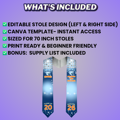 Blue Orange Grad Stole Design Editable Template (Includes Supply List)