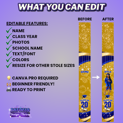 Gold & Blue Grad Stole Design Template, Supply List Included (Canva Pro Required)