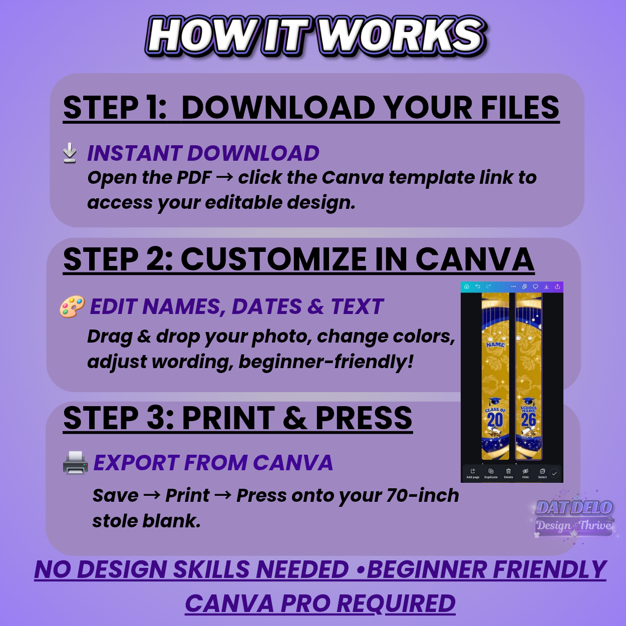 Gold & Blue Grad Stole Design Template, Supply List Included (Canva Pro Required)