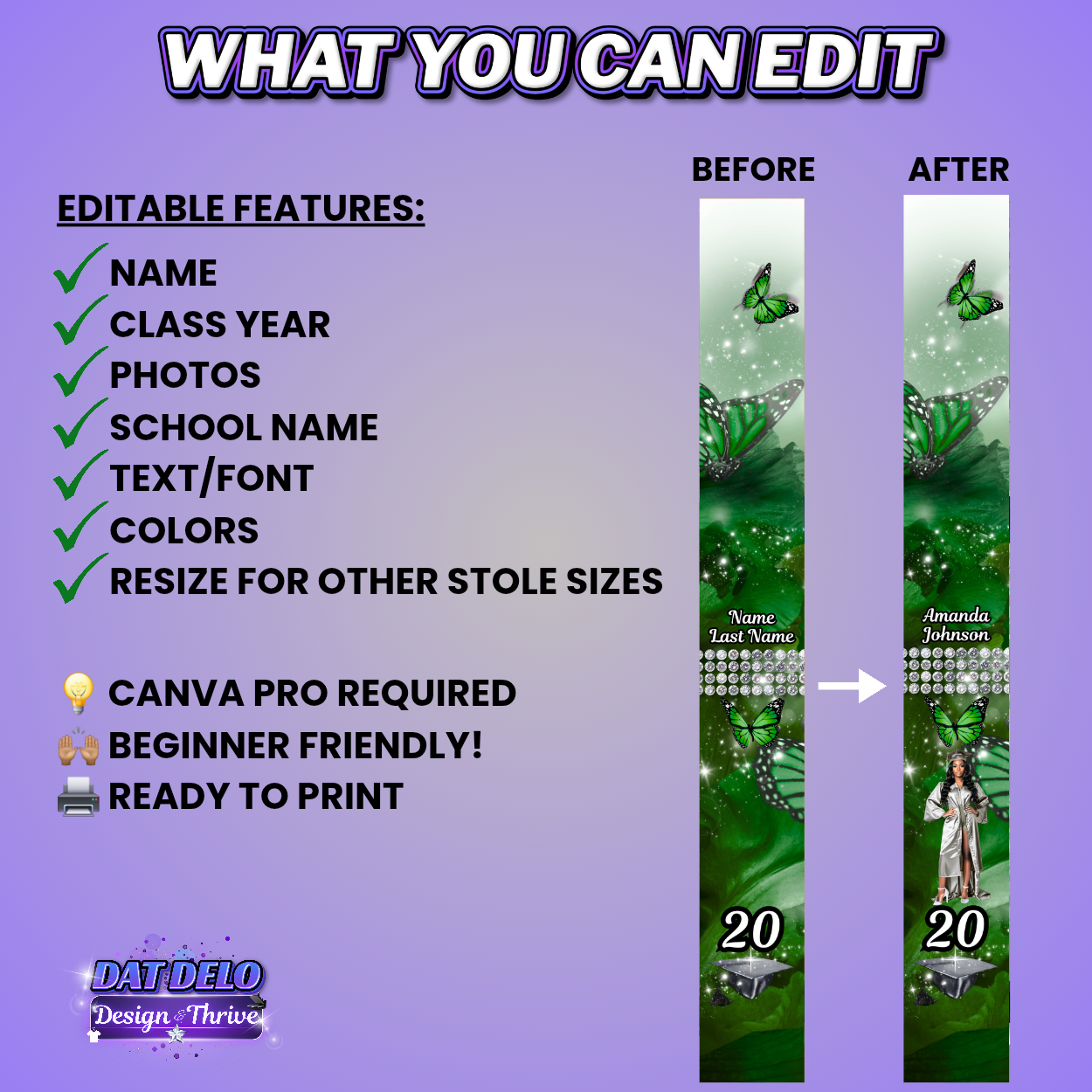 Green Grad Stole Design Editable Template (Includes Supply List)