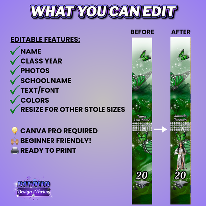 Green Grad Stole Design Editable Template (Includes Supply List)