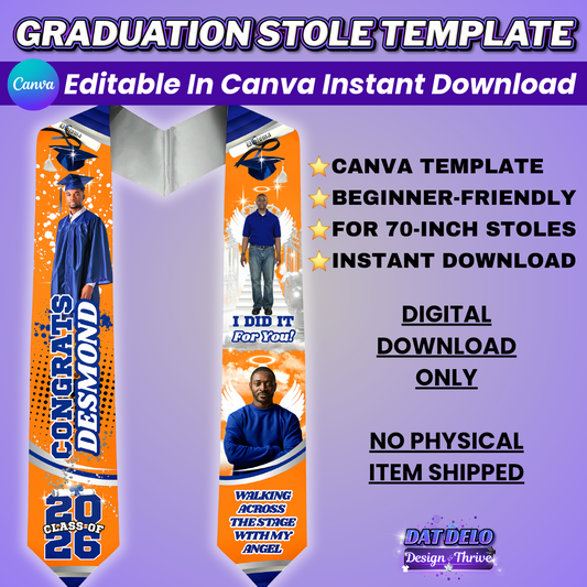 Orange Blue Grad Stole Design Editable Template (Supply List Included)