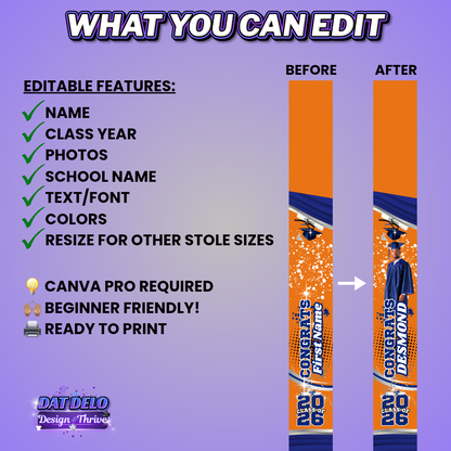 Orange Blue Grad Stole Design Editable Template (Includes Supply List)