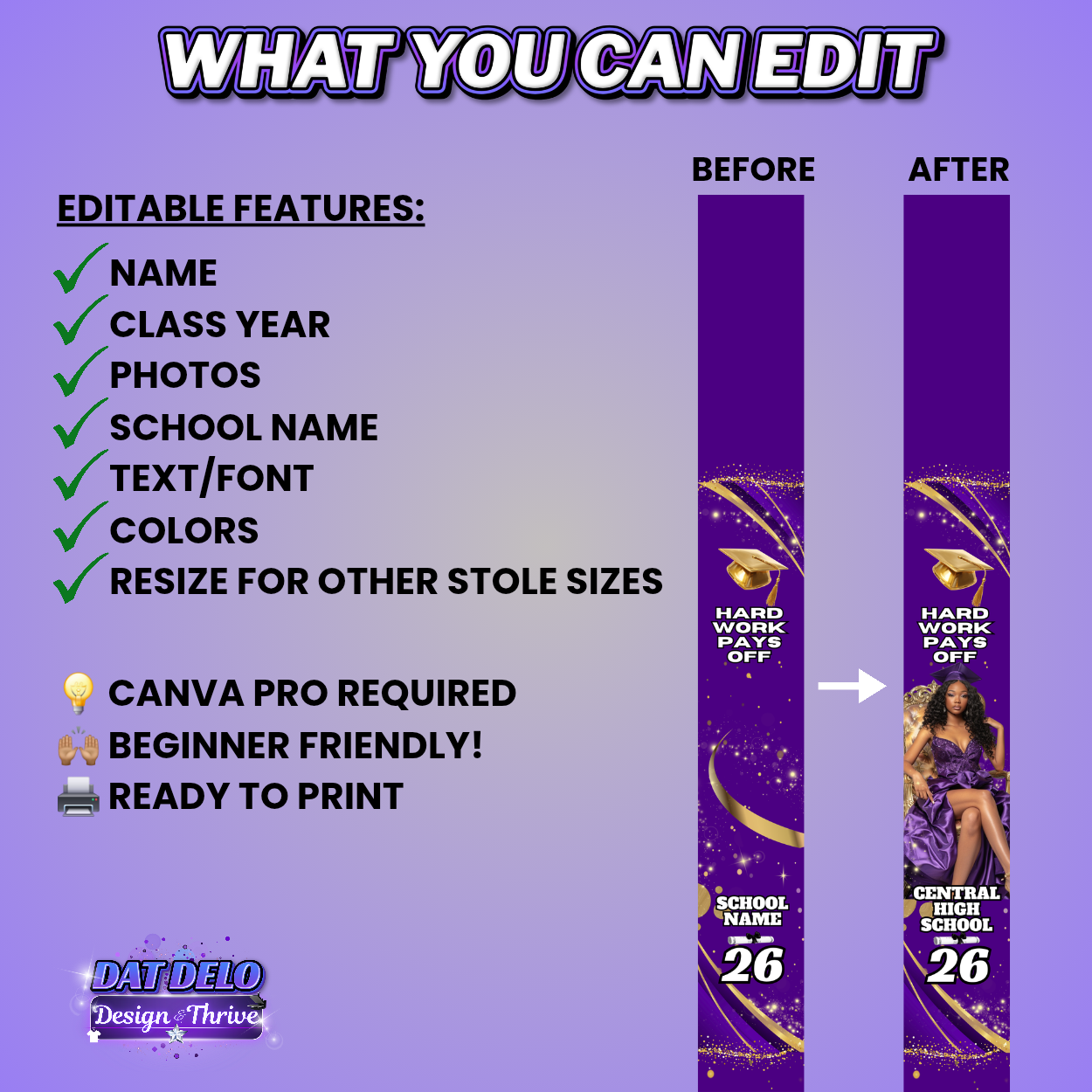 Purple & Gold Grad Stole Editable Design(Includes Supply List)