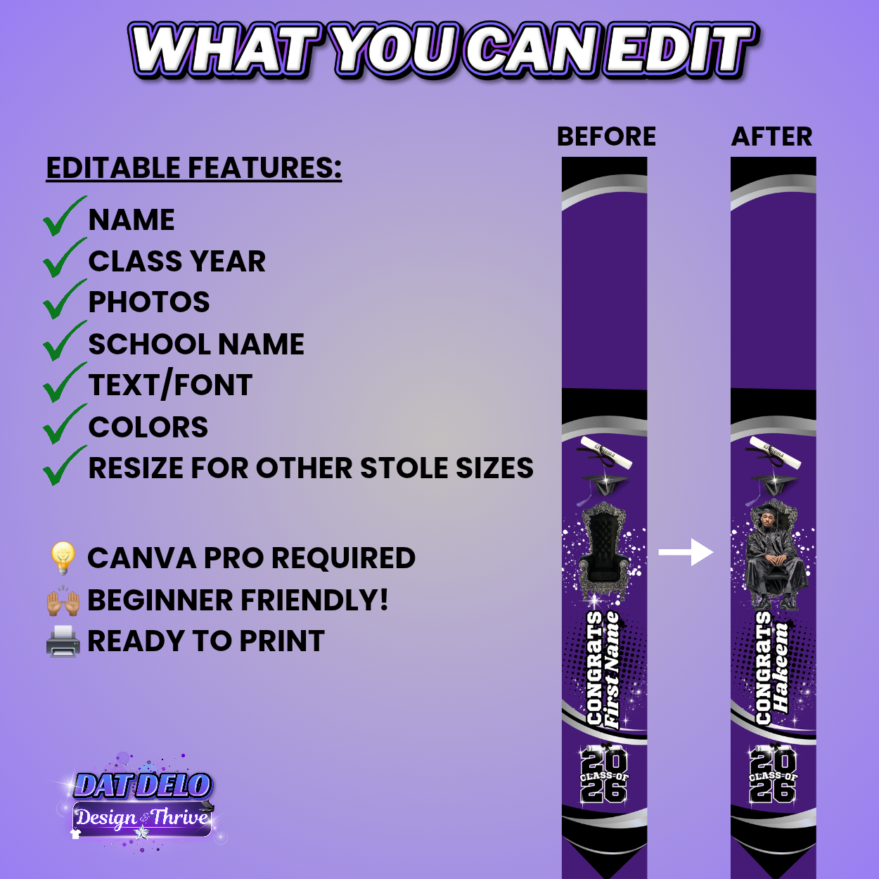 Purple Grad Stole Design Editable Template (Includes Supply List)