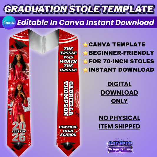 Red Graduation Stole Design, Editable Canva Template (Full Supply List Included)