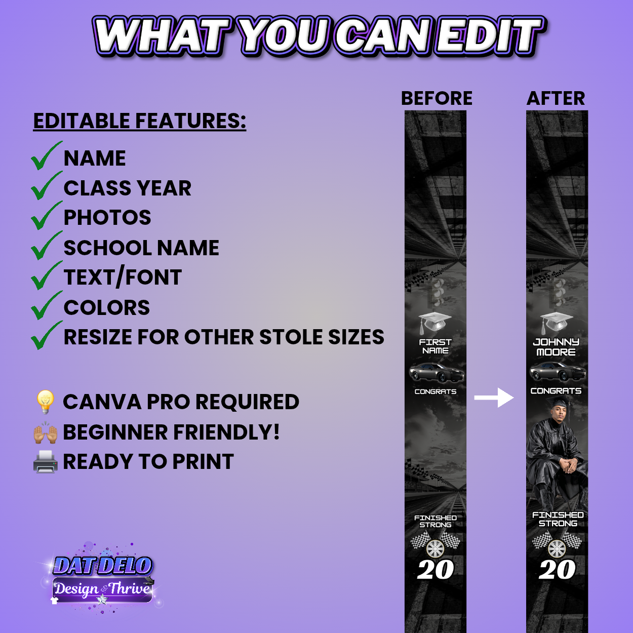 Black Last Lap Grad Stole Design Editable Template (Includes Supply List)