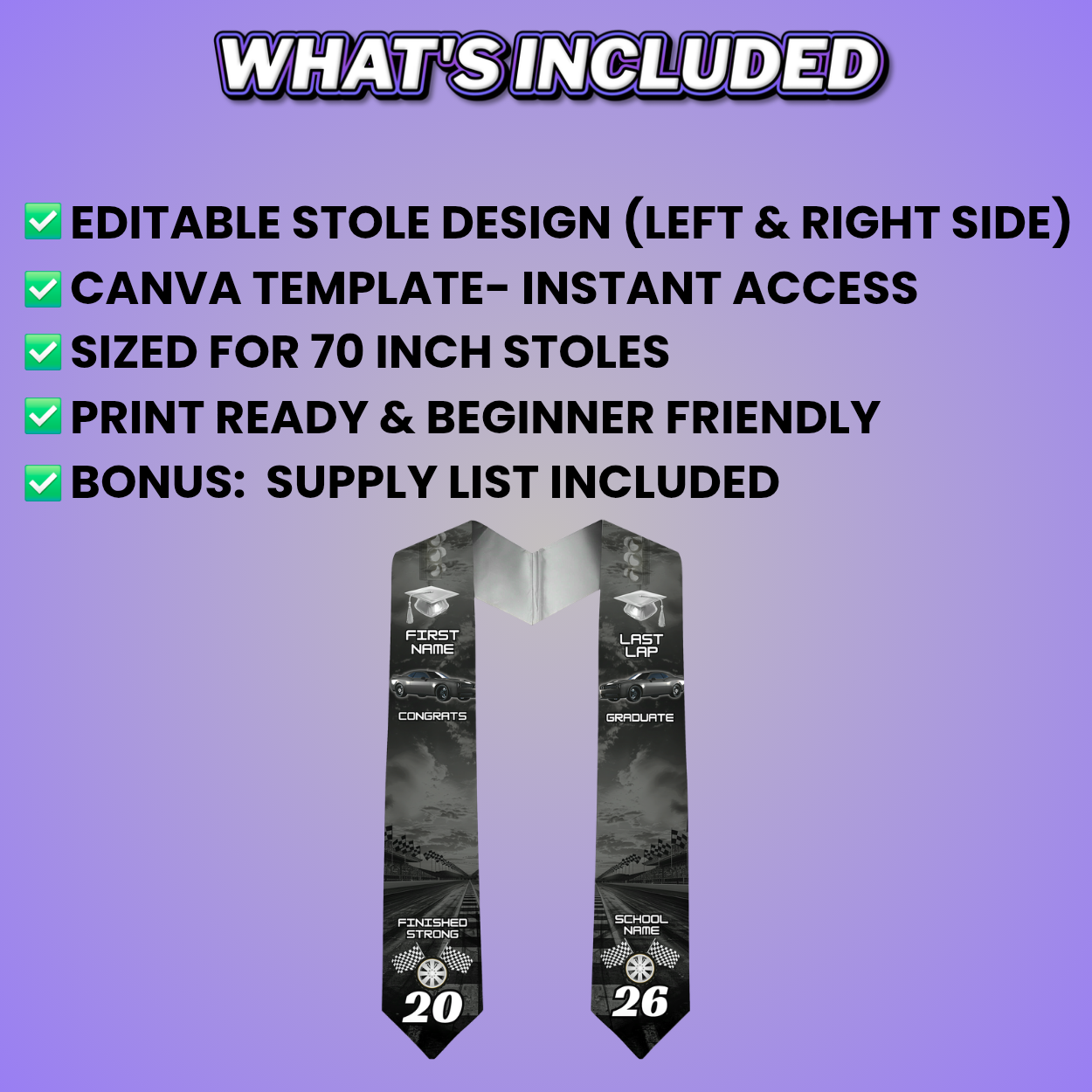 Black Last Lap Grad Stole Design Editable Template (Includes Supply List)