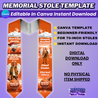 Orange Basketball Memorial Stole Design Editable Template (Includes Supply List)
