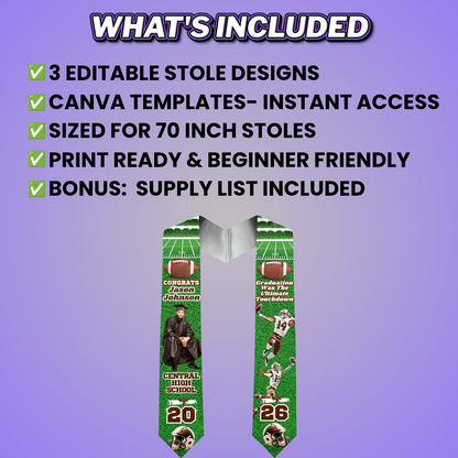 Sports Grad Stole Design Bundle, 3 Editable Templates (Includes Supply List)