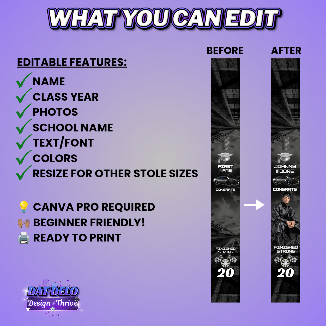 Sports Grad Stole Design Bundle, 3 Editable Templates (Includes Supply List)