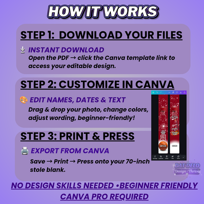 Sports Grad Stole Design Bundle, 3 Editable Templates (Includes Supply List)