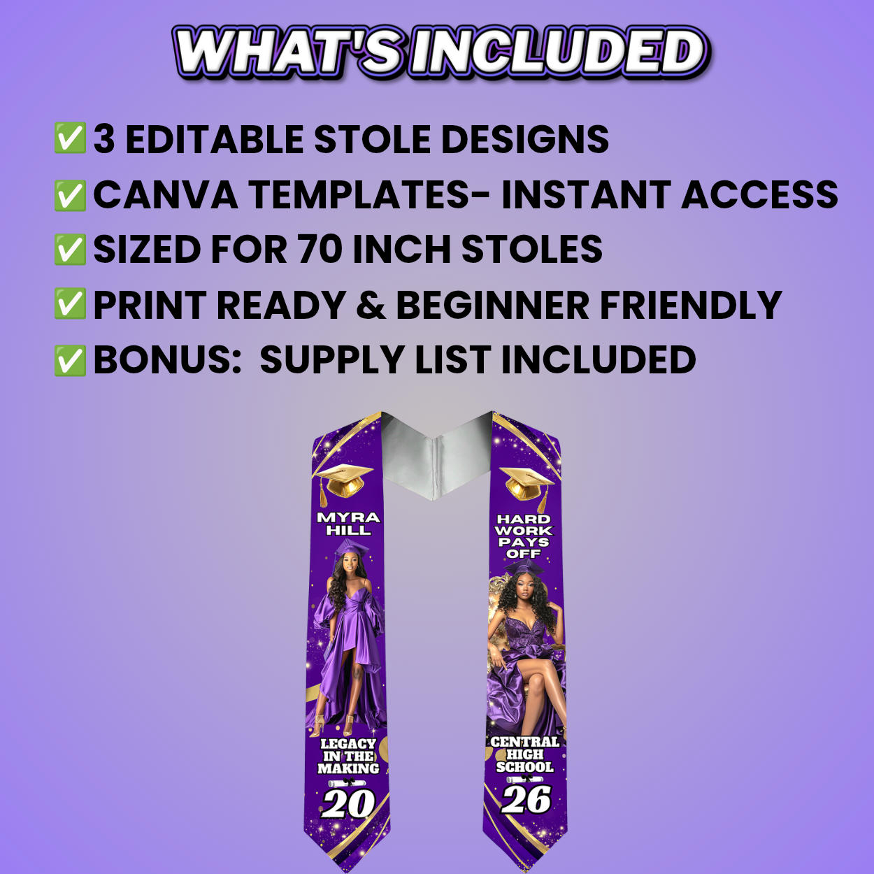 Glam Grad Stole Design Bundle, 3 Editable Templates (Includes Supply List)