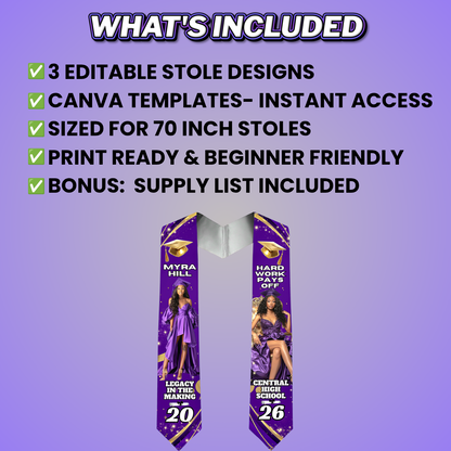 Glam Grad Stole Design Bundle, 3 Editable Templates (Includes Supply List)