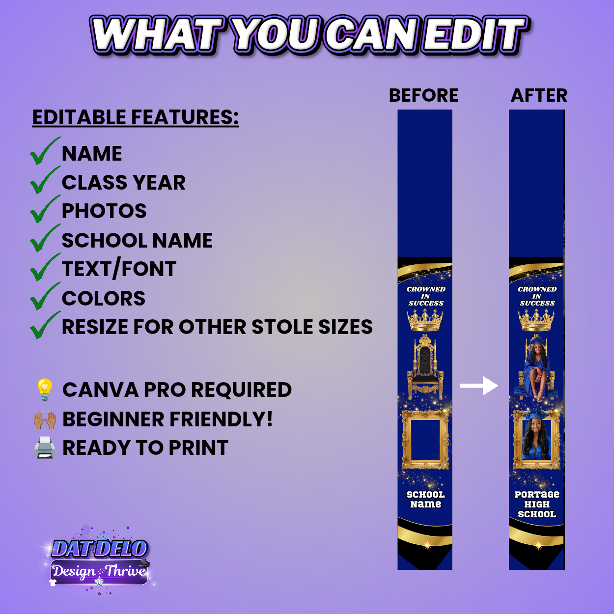 Glam Grad Stole Design Bundle, 3 Editable Templates (Includes Supply List)