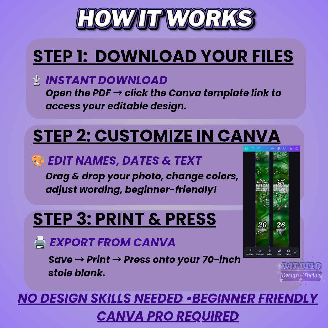 Glam Grad Stole Design Bundle, 3 Editable Templates (Includes Supply List)