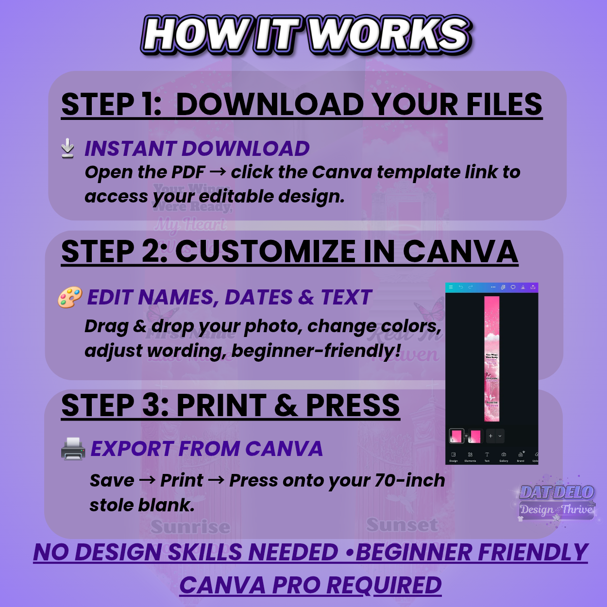 Pink Editable Memorial Stole Design Template, Supply List Included (Canva Pro Required)