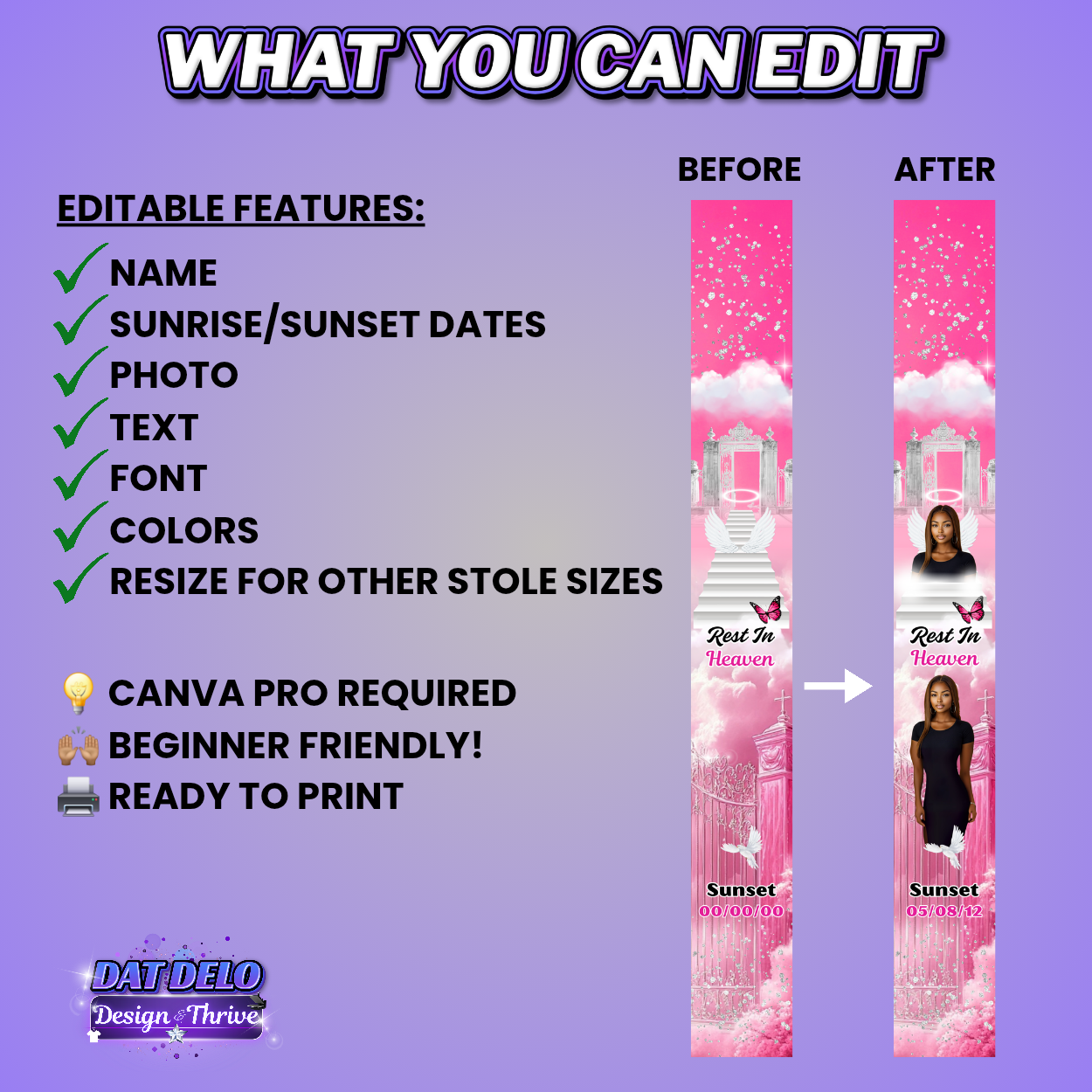 Pink Editable Memorial Stole Design Template, Supply List Included (Canva Pro Required)