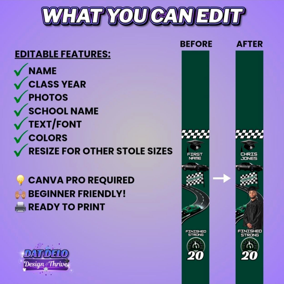 Green Last Lap Grad Stole Design Editable Template (Includes Supply List)