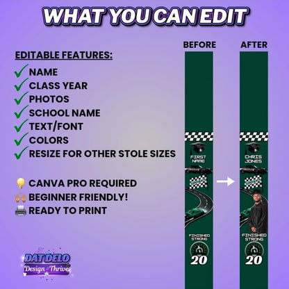 Green Last Lap Grad Stole Design Editable Template (Includes Supply List)
