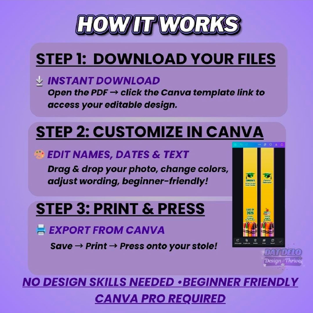 Teacher Grad Stole Design Editable Template (Includes Supply List)