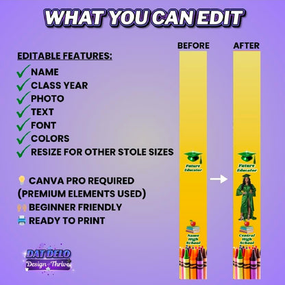 Teacher Grad Stole Design Editable Template (Includes Supply List)