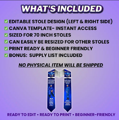 Blue Yellow Grad Stole Design Editable Template (Includes Supply List)