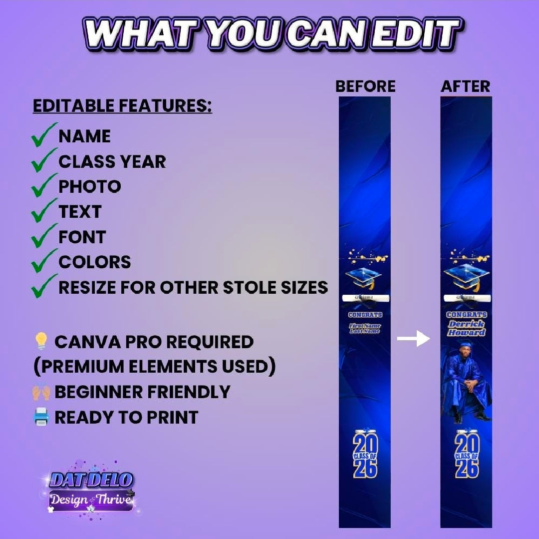 Blue Yellow Grad Stole Design Editable Template (Includes Supply List)