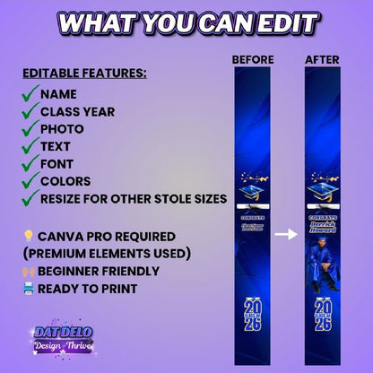 Blue Yellow Grad Stole Design Editable Template (Includes Supply List)
