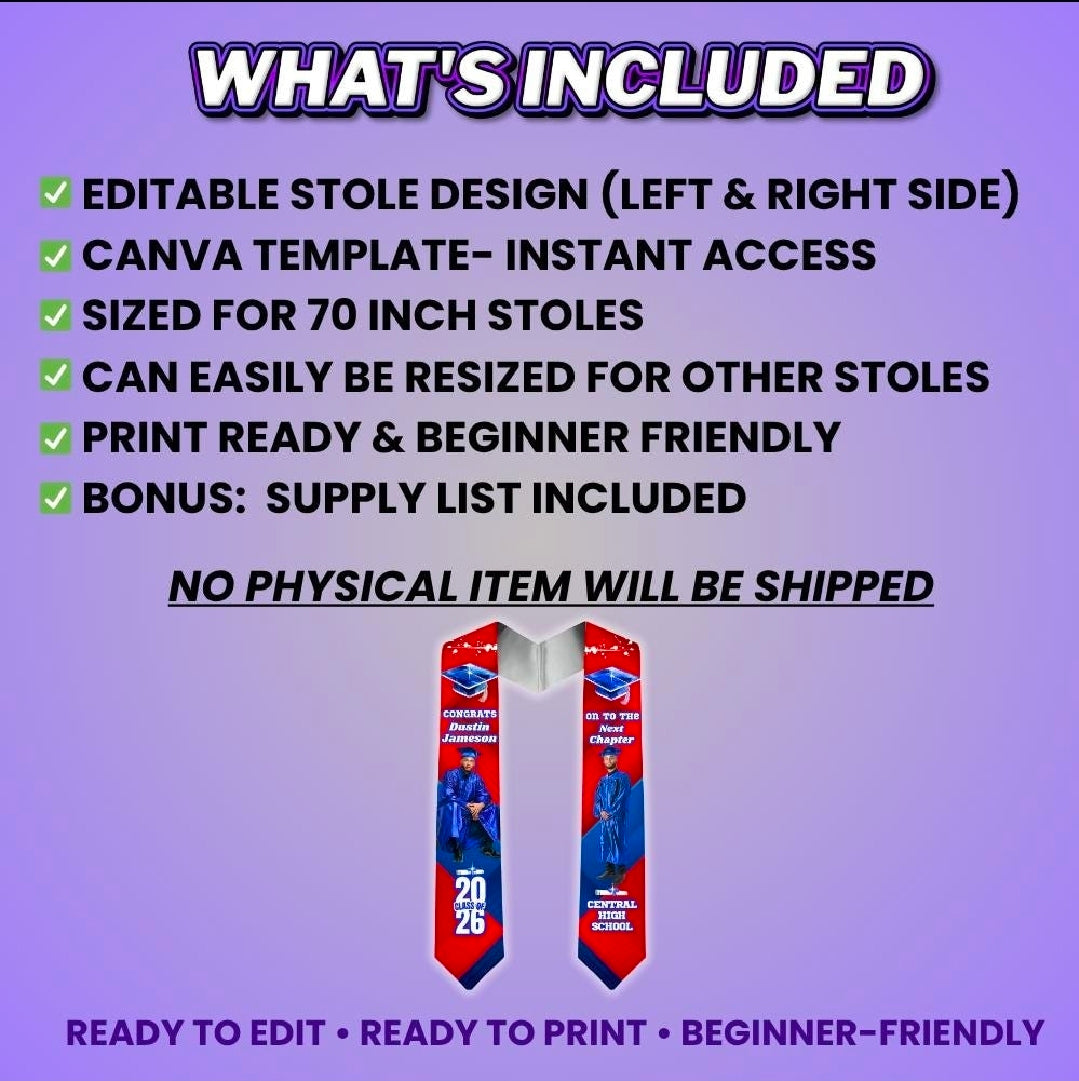 Red Blue Grad Stole Design Editable Template (Includes Supply List)