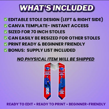 Red Blue Grad Stole Design Editable Template (Includes Supply List)