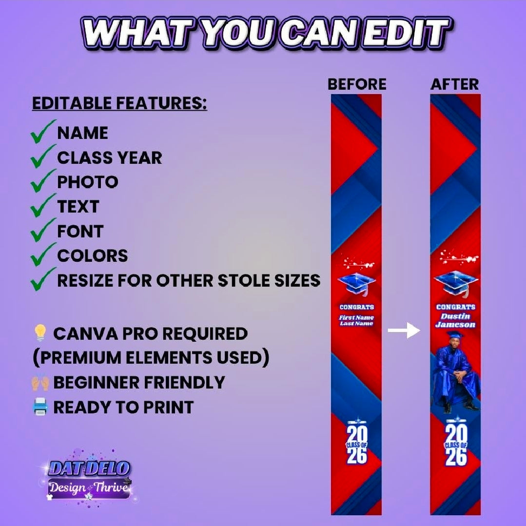 Red Blue Grad Stole Design Editable Template (Includes Supply List)