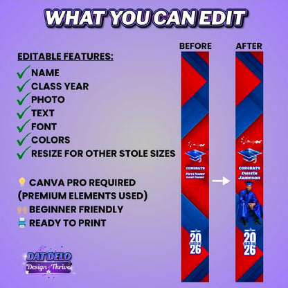 Red Blue Grad Stole Design Editable Template (Includes Supply List)