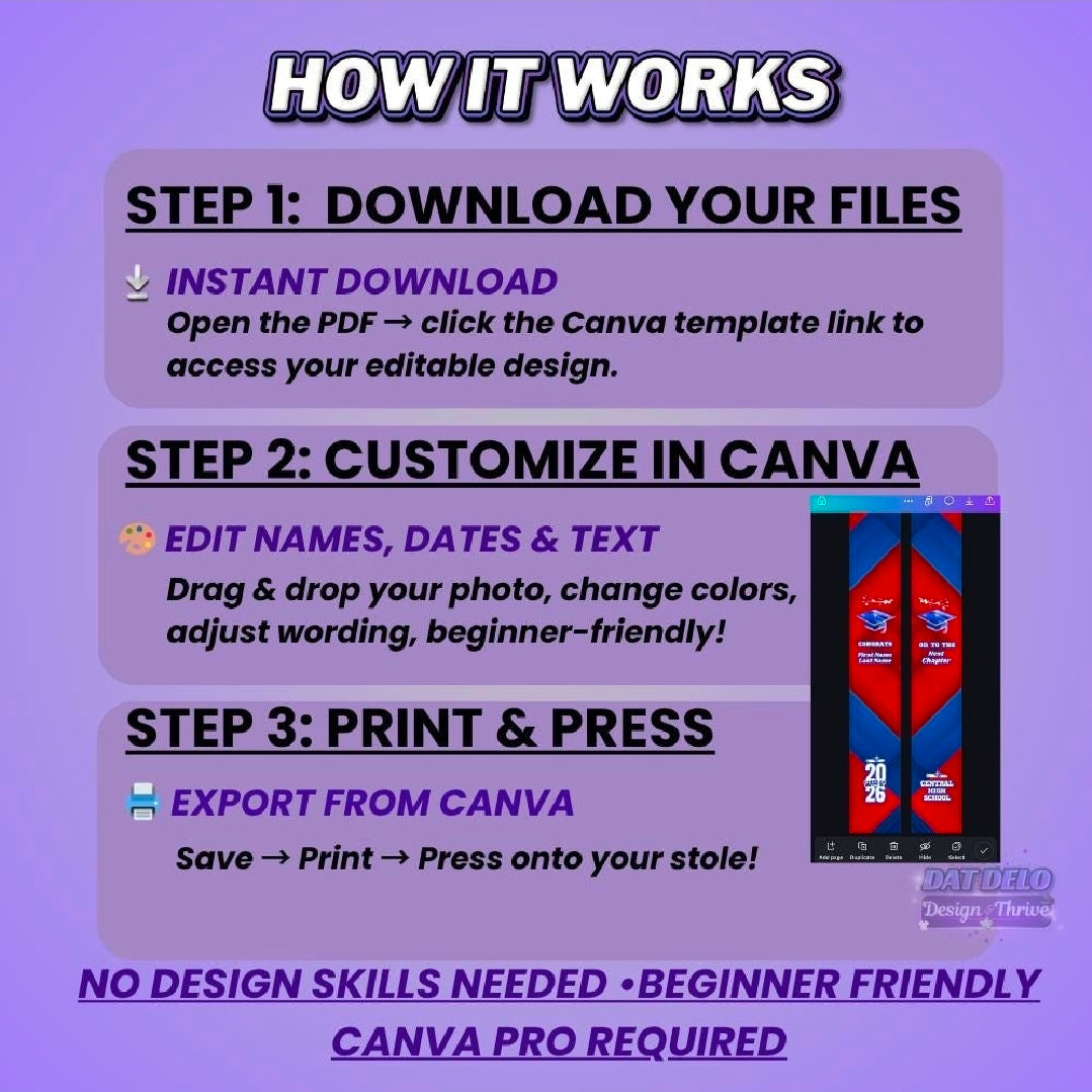 Red Blue Grad Stole Design Editable Template (Includes Supply List)