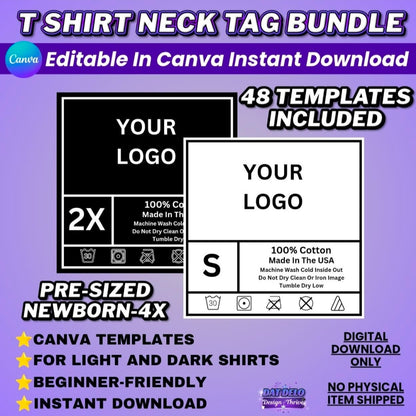 48 Editable Neck Tags, Size Newborn to Adult 4x (Canva Pro)