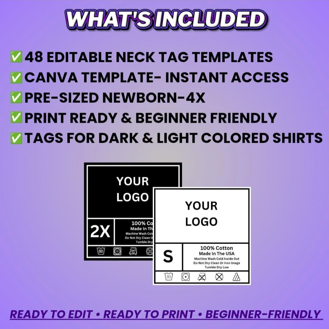 48 Editable Neck Tags, Size Newborn to Adult 4x (Canva Pro)