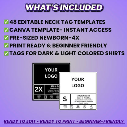 48 Editable Neck Tags, Size Newborn to Adult 4x (Canva Pro)