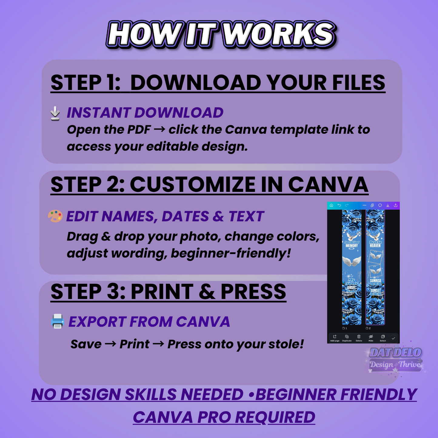 Blue Rose Memorial Stole Design Editable Template (Includes Supply List)